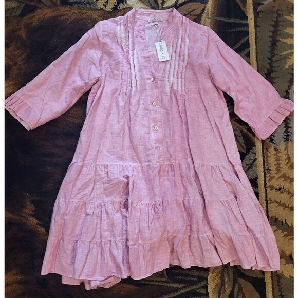NWT Camille+ Co Dress Women's Small Pink Linen Tiered Mini Button Ruffle Cottage - Picture 1 of 4